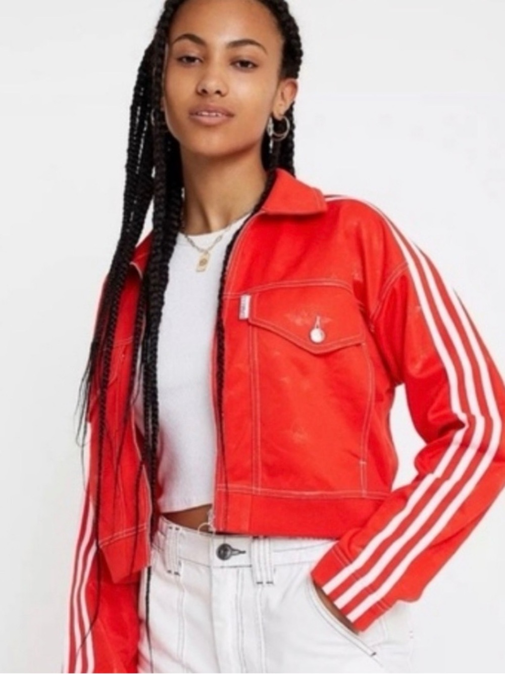 Adidas X Fiorucci Collab Red Cropped Track Jacket with 3 Stripe Sleeves - Picture 8 of 10